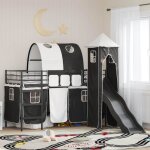 Lit mezzanine enfant - vidaxl - noir - m�tal - 105x194x116 cm - toboggan int�gr� - tour de jeu - rideaux ...