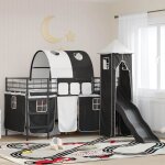 Lit mezzanine enfant - vidaxl - noir - m�tal robuste - toboggan int�gr� - tour de jeu - rideaux dintimit� ...
