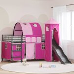 Lit mezzanine enfant - vidaxl - noir et rose - m�tal robuste - toboggan int�gr� - tour de jeu - rideaux ...