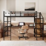 Lit mezzanine lit en fer 90 * 200cm avec bureau ouvert armoire marches de rangement - noir