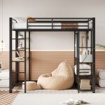 Lit mezzanine lit iron 140 x 200 cm avec bureau simple cintres et compartiment de rangement - noir Lit mezzanine lit iron 140 x 200 cm avec bureau simple cintres et compartiment de rangement - noir