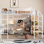 Lit mezzanine pour jeune 140 x 200 cm cadre en fer avec bureau armoire et marches de rangement - blanc ...