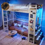 Lit mezzanine led 90x200 cm lit simple avec 4 tiroirs et prise usb + type �tag�res �tendoir et garde ...