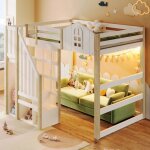 Lit mezzanine luonians140x200 cmlit enfantavec �clairage led rangementen pinblanc