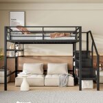 Lit mezzanine maisentiel m�tal noir 140x200 cm avec �tag�res int�gr�es �chelle de rangement et garde ...