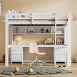 Lit mezzanine maisentiel pin blanc 90x200 cm avec bureau int�gr� et grands rangements pour chambre denfant ...