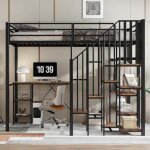 Lit mezzanine m�tal 120x200 cm bureau �tag�re fer mdf noir armoire ouverte zone pliante / suspendue escalier ...