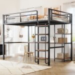 Lit mezzanine en m�tal 140 x 200 cm �chelle de s�curit� avec marches lit simple enfant avec table et ...