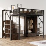 Lit mezzanine en m�tal 140 x 200 cm avec grande armoire tiroirs et �chelle de rangement sommier en m�tal ...