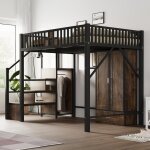 Lit mezzanine en mtal 140 x 200 cm - avec penderie - 1 tiroir - avec chelle de rangement - noir (matelas ...