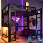 Lit mezzanine m�tal 140x200 avec bureau et rangement lit gaming 2 places avec multiprise usb et led 3 ...