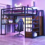 Lit mezzanine métal 140x200 cm avec bureau Échelle de rangement et garde - robe Étagère et tablette filet ... Lit mezzanine métal 140x200 cm avec bureau Échelle de rangement et garde - robe Étagère et tablette filet ...