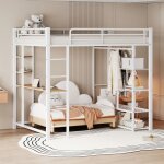 Lit mezzanine m�tal 140x200 cm avec �chelle bureau int�gr� portique et rangement - blanc - id�al pour ...