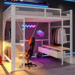 Lit mezzanine en m�tal - lemonbest - 140x200 - led int�gr�e - bureau et 3 tiroirs - sommier � lattes