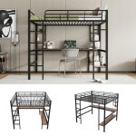 Lit mezzanine mtal 140x200cm - bureau intgr + 4 tagres - structure acier renforc - garde - corps ...