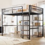 Lit mezzanine mtal 140x200cm noir - chelle scurit escalier - table tagre - barrire maille - enfant ...