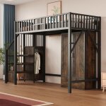 Lit mezzanine en mtal 90 x 200 cm - avec penderie - 1 tiroir - avec chelle de rangement - noir (matelas ...