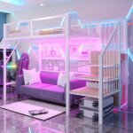 Lit mezzanine m�tal 90x200 cm avec bande led app �chelle?rangement et armoire ouverte blanc (sans matelas) ...