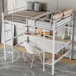 Lit mezzanine m�tal 90x200 cm - bureau et biblioth�que - blanc - s�curis� en747 - 1 place