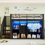 Lit mezzanine en mtal 90x200 cm avec led rgb lit mi - hauteur lit enfant avec 2 tiroirs et garde - robe ...