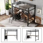 Lit mezzanine m�tal 90x200 certifi� en747 - bureau 2m & 3 tiroirs - escalier inclin� s�curis� - noir ...