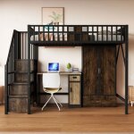 Lit mezzanine m�tal 90x200 - style industriel - armoire spacieuse - �chelle rangement avec rampes - 1 ...