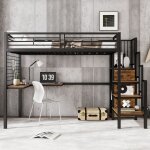 Lit mezzanine mtal 90x200cm avec armoire intgre - bureau & escalier latral avec rampe - certifi ...