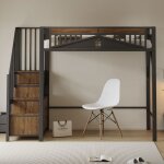 Lit mezzanine en m�tal 90x200cm - avec �chelle de rangement - noir (matelas non inclus)