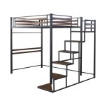 Lit mezzanine en m�tal avec escalier lena - 140 x 190 cm - noir et marron noyer