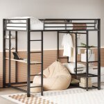 Lit mezzanine mtal noir 140x200 avec chelle - bureau intgr dressing & rangement gain de place