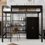 Lit mezzanine m�tal noir 90x200cm - armoire 2 portes & bureau - rangement maxi - certifi� en747 - parfait ...