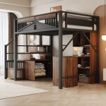 Lit mezzanine m�tallique 140x200 cm noir garde - corps patchwork � fen�tre escaliers avec rangements