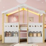 Lit mezzanine lit mi - haut 90x200 cm forme maison 2 tiroirs led blanc + bois naturel