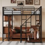Lit mezzanine multifonction 140x200 cm m�tal - rangements �tageres et escalier pratique - adapt� adulte ...