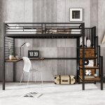 Lit mezzanine 90x200 cm en m�tal avec bureau et armoire �tag�res lat�rales pour enfants et adolescents ...