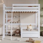 Lit mezzanine avec rangements et canapé avec tiroirs avec escalier en bois sans matelas blanc 90x200cm ... Lit mezzanine avec rangements et canapé avec tiroirs avec escalier en bois sans matelas blanc 90x200cm ...