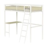 Lit mezzanine avec sommier et bureau en mtal finition epoxy blanche et mlamine imitation chne - couchage ...