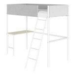 Lit mezzanine avec sommier et bureau en tissu gris clair mtal blanc et mlamine imitation chne - couchage ...