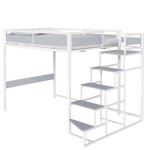 Lit mezzanine avec sommier et escalier en mtal finition epoxy blanche et mlamine gris clair - couchage ...
