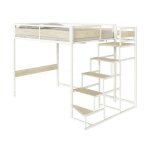 Lit mezzanine avec sommier et escalier en mtal finition epoxy blanche et mlamine imitation chne - ...