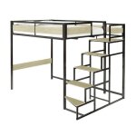 Lit mezzanine avec sommier et escalier en mtal finition epoxy noire et mlamine imitation chne - couchage ...