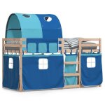 Lit mezzanine / lit superpos enfants - avec rideaux - bleu 90x190 cm bois pin massif ll282448