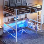 Lit mezzanine 140x200 adulte & ado blanc en m�talbarri�res de s�curit�bureau + �tag�resledusb & prise ...