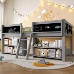 Lit mi - haut 90x200 cm �tag�res barri�res �chelle pin minimaliste gris