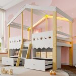 Lit mi - haut lit enfant 90x200 cmforme maisonlit mezzanine avec 2 tiroirs et bande lumineuse ledblanc ...