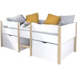 Lit mi - hauteur 90x200cm avec 2 maxi tiroirs - blanc / bois - sommier inclus - zephir