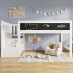 Lit mi - hauteur pour enfant 90 x 200 cm lit mezzanine avec tableau blanc toboggan cadre de lit avec ...