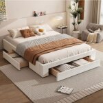 Lit plat 160x200cm lit double avec trois tiroirs de rangement sommier  lattes style simple - beige
