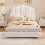 Lit plat 90×200 cm lit enfant tête de lit en peluche mignonne adapté aux adolescents blanc Lit plat 90×200 cm lit enfant tête de lit en peluche mignonne adapté aux adolescents blanc