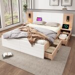 Lit double lit en bois lit adulte 160×200 cm avec 2 tiroirs lampe de lecture tête de lit avec chargement ... Lit double lit en bois lit adulte 160×200 cm avec 2 tiroirs lampe de lecture tête de lit avec chargement ...